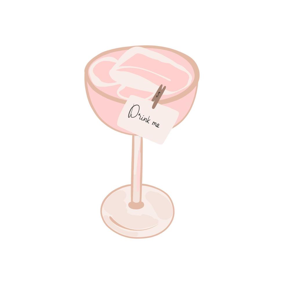 cóctel alcohólico, margarita rosa o bebida a base de prosecco. nota adhesiva al vaso, texto bébeme vector