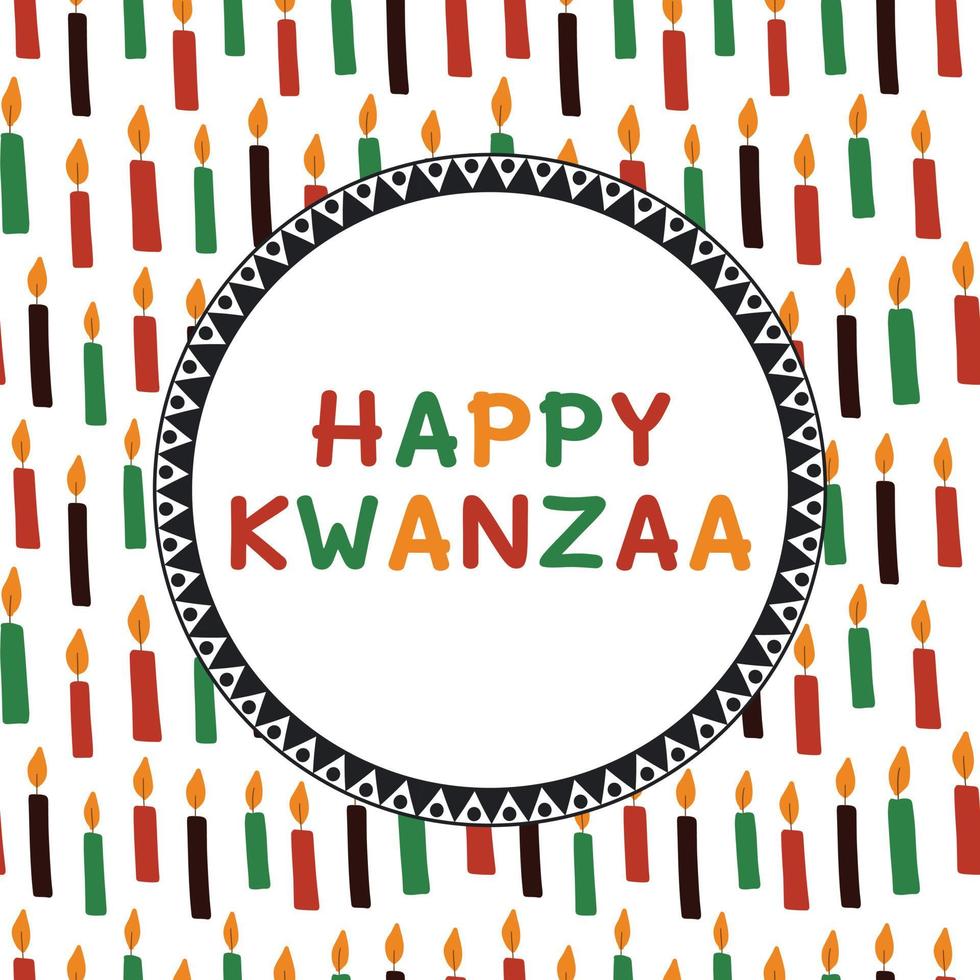 linda tarjeta de felicitación de kwanzaa con patrones sin fisuras con velas de kinara y texto colorido. diseño de celebración de festival de vacaciones de vector kwanzaa. folleto, publicación en redes sociales, banner