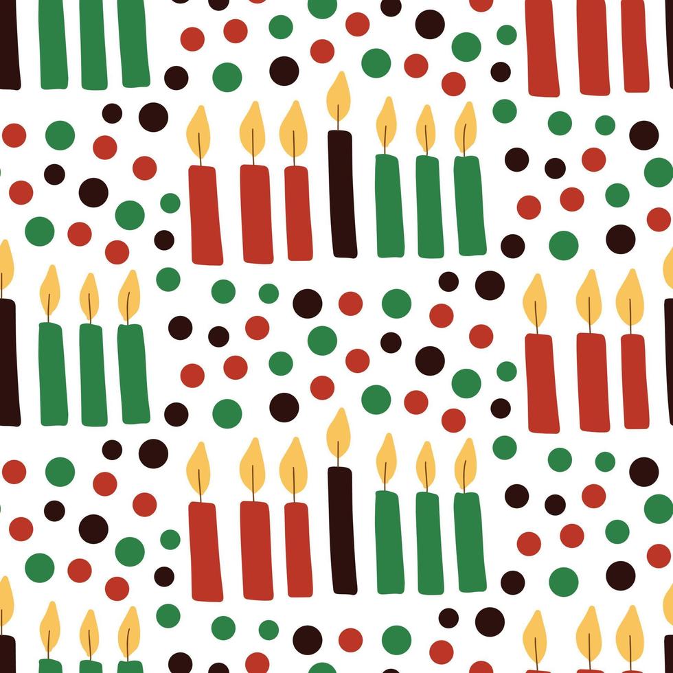 Cute Kwanzaa seamless pattern with seven kinara candles and dots in traditional African colors - black, red, green on white. Vector Kwanzaa holiday childish background design