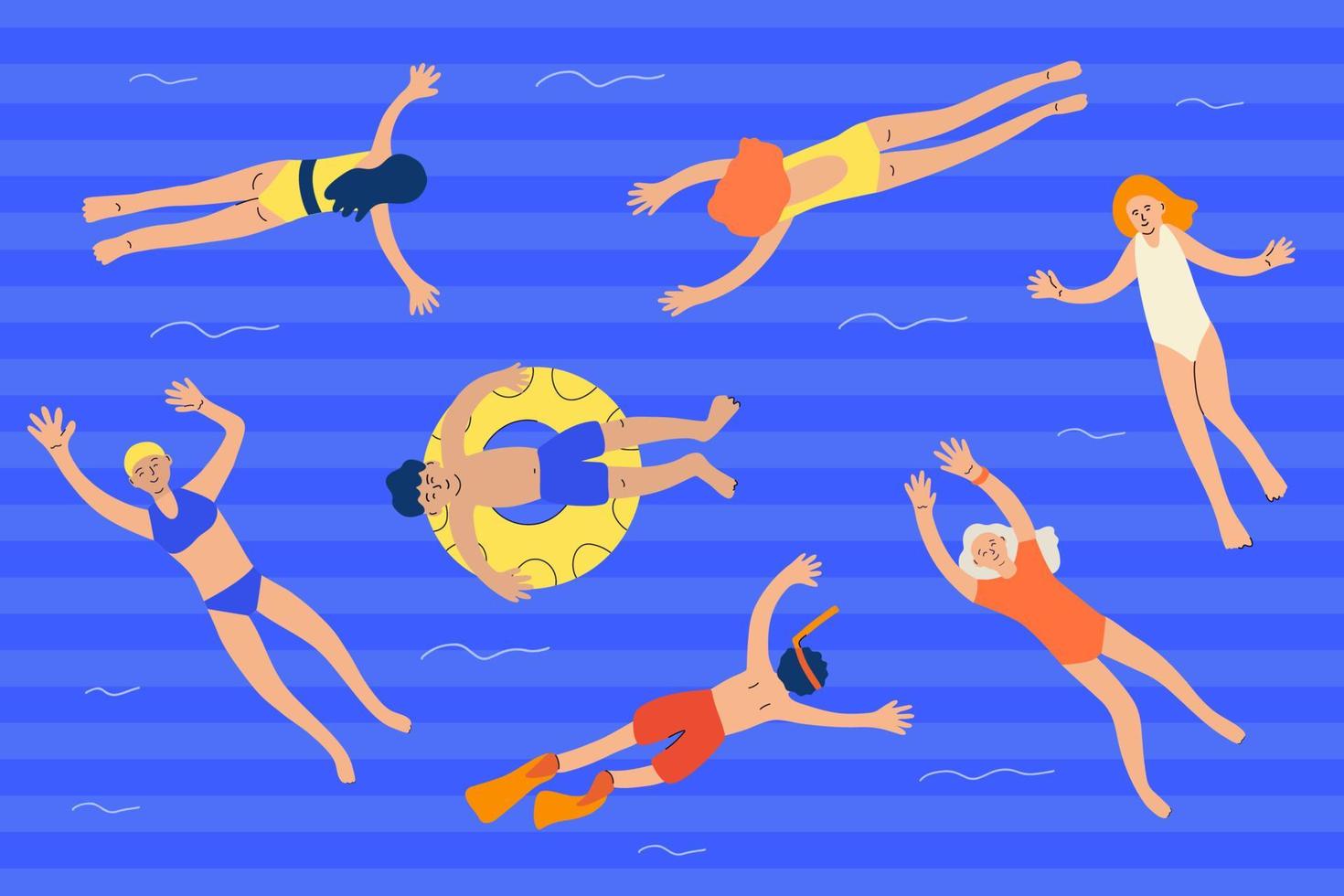 Conjunto de personas nadando sobre un fondo de rayas azules vector