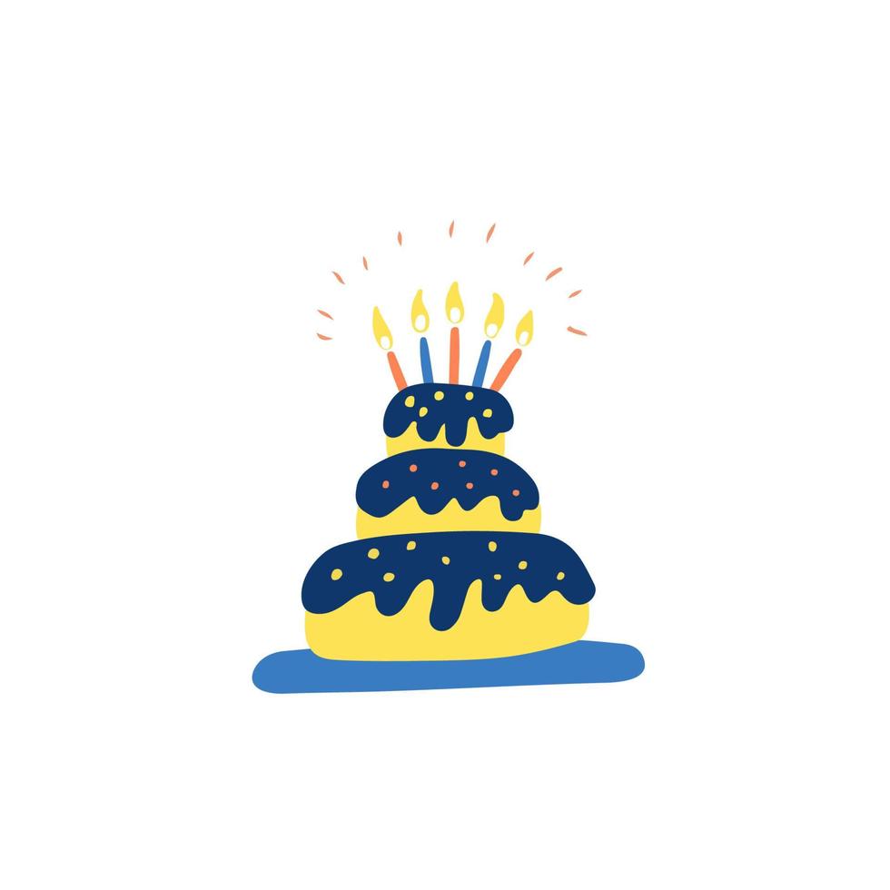 dibujado a mano ilustración plana de pastel de cumpleaños colorido con velas brillantes vector