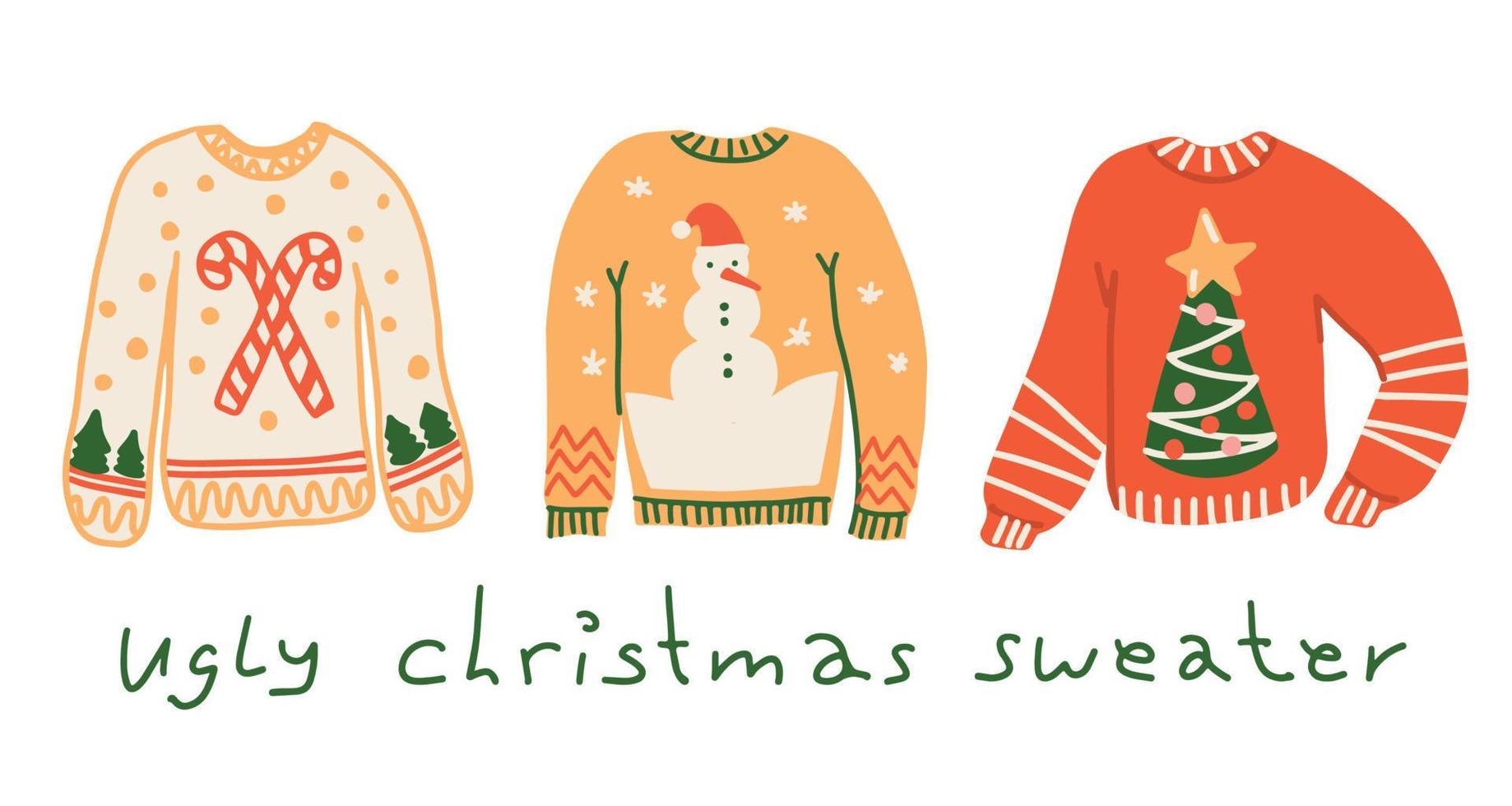 Set of ugly Christmas sweaters. Cute and funny traditional knitted sweaters decorated with Christmas tree, snowman and candy cane. Hand drawn cartoon style vector illustration