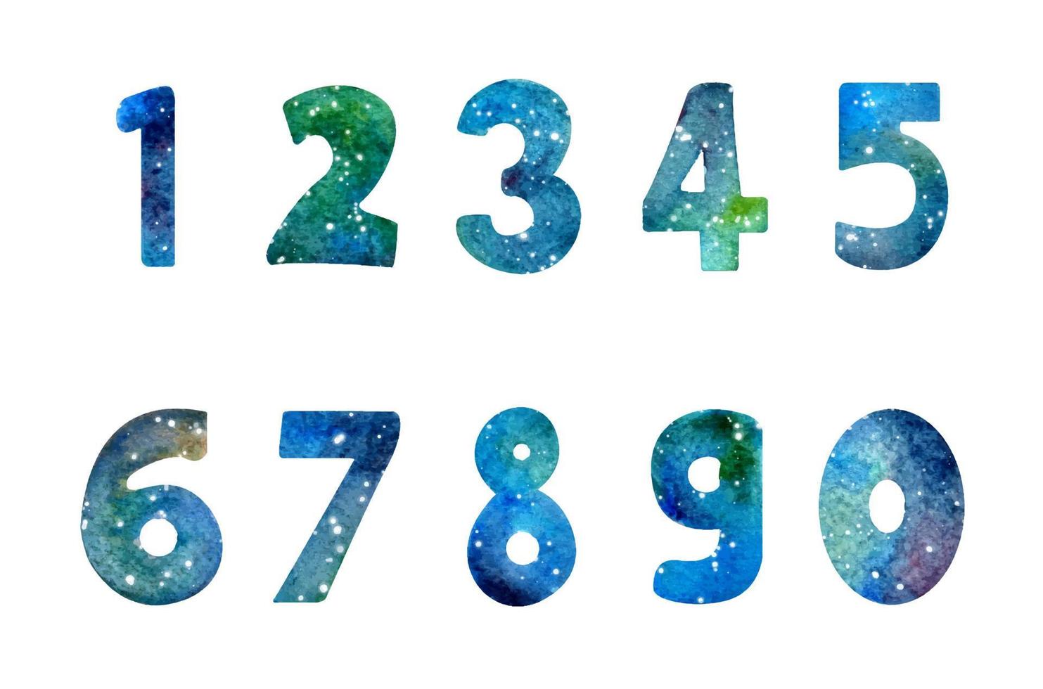 Watercolor galaxy or night sky with stars number from zero to nine. vector