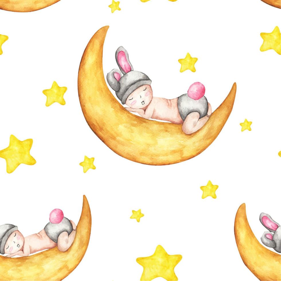 Watercolor seamless pattern with baby sleeping on the moon. vector