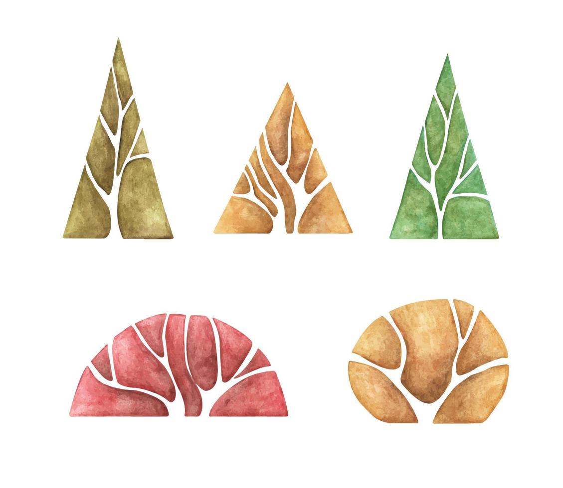 Set of Abstract forest trees. Watercolor illustration, Autumn trees. vector