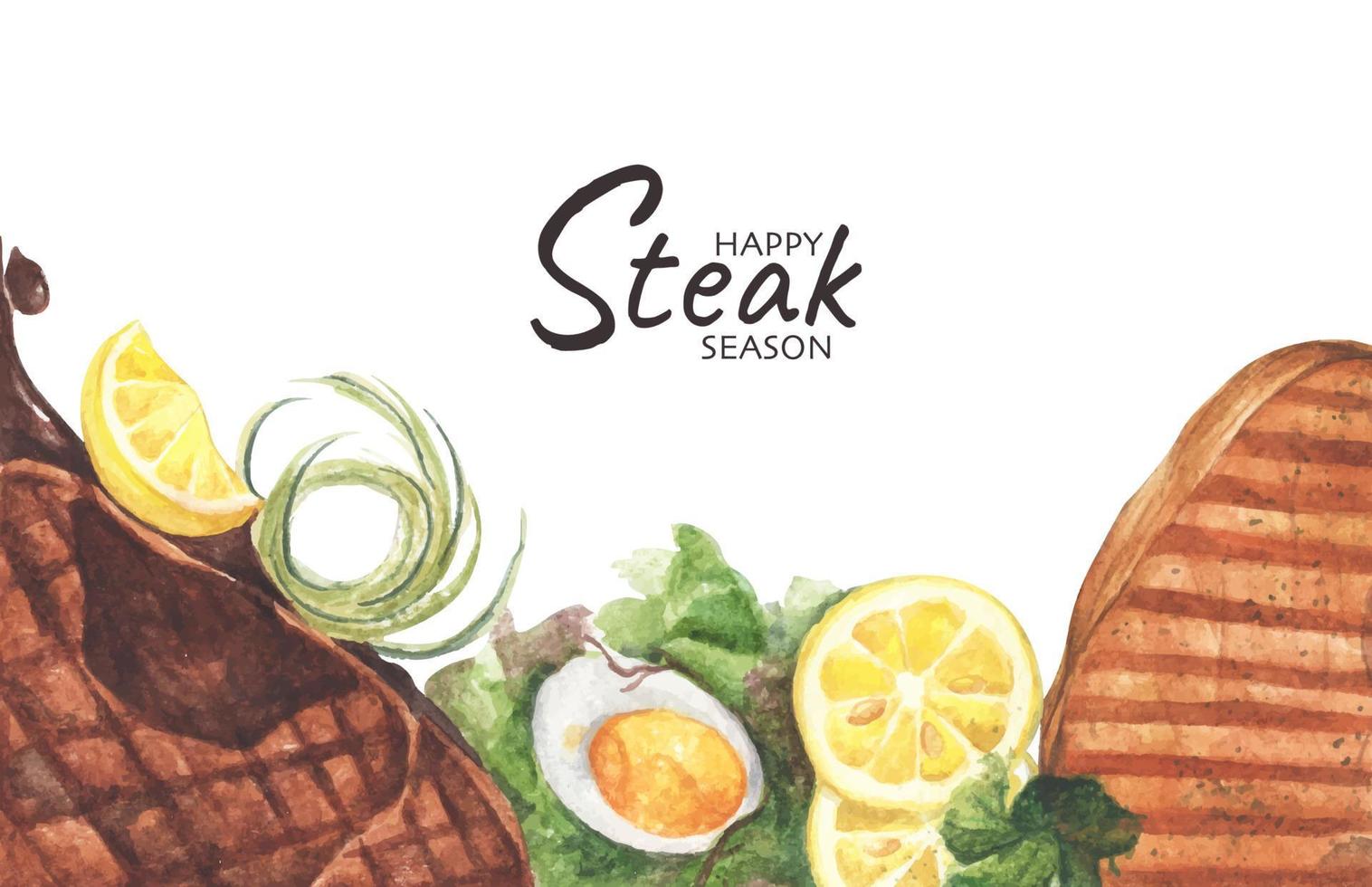 Grilled beef steaks and salad with boiled eggs. Watercolor illustration. vector