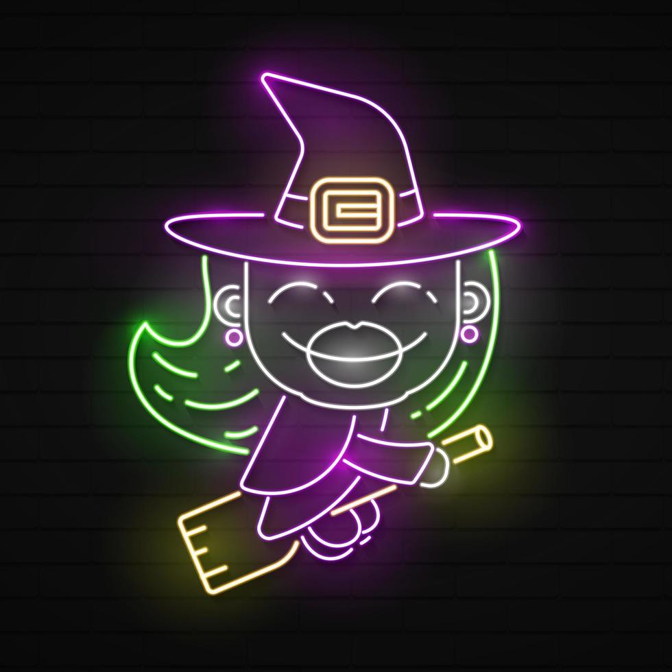 Witch neon sign. Luminous signboard with sorceress. Night bright advertisement. Vector illustration in neon style for Halloween, fantasy