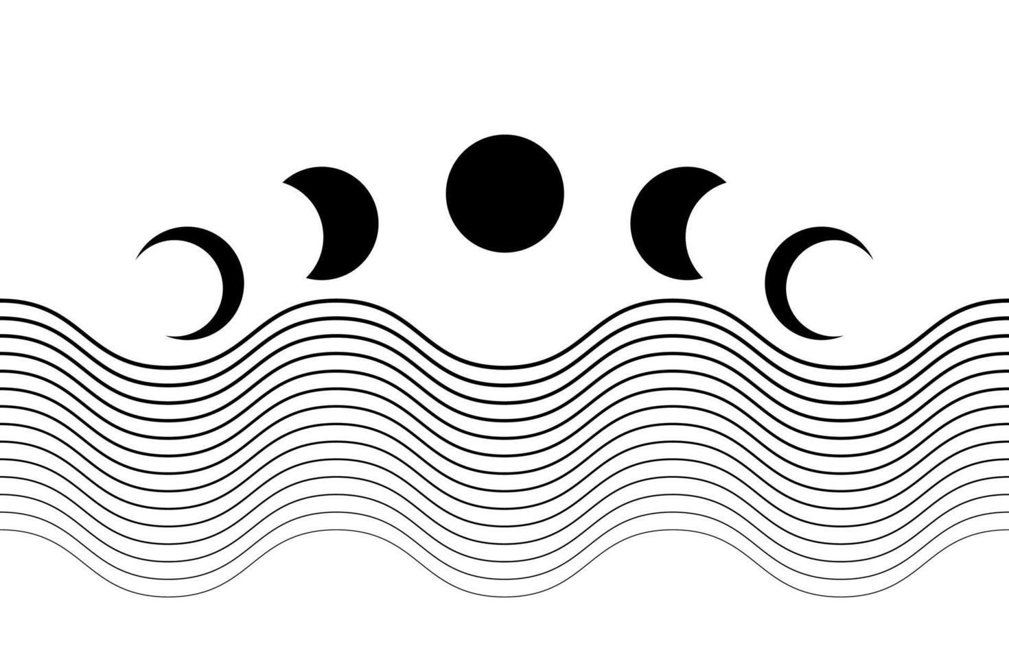 fases lunares, ondas geométricas, fondo estético contemporáneo abstracto. color de tatuaje negro. Decoración de pared boho impresión de arte minimalista moderno. forma natural orgánica. vector de concepto mágico aislado en blanco