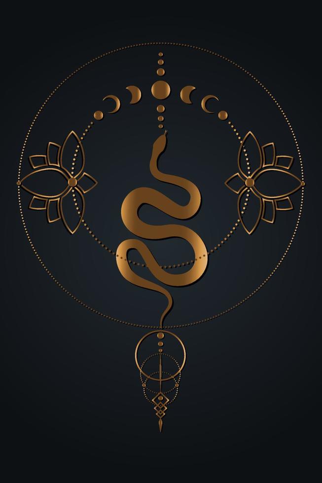 Magic mystic Snake, Moon Phases. Sacred geometry, gold luxury pagan Wiccan goddess symbol. Old golden wicca banner sign, Lotus flowers energy circle, boho style, vector isolated on black background