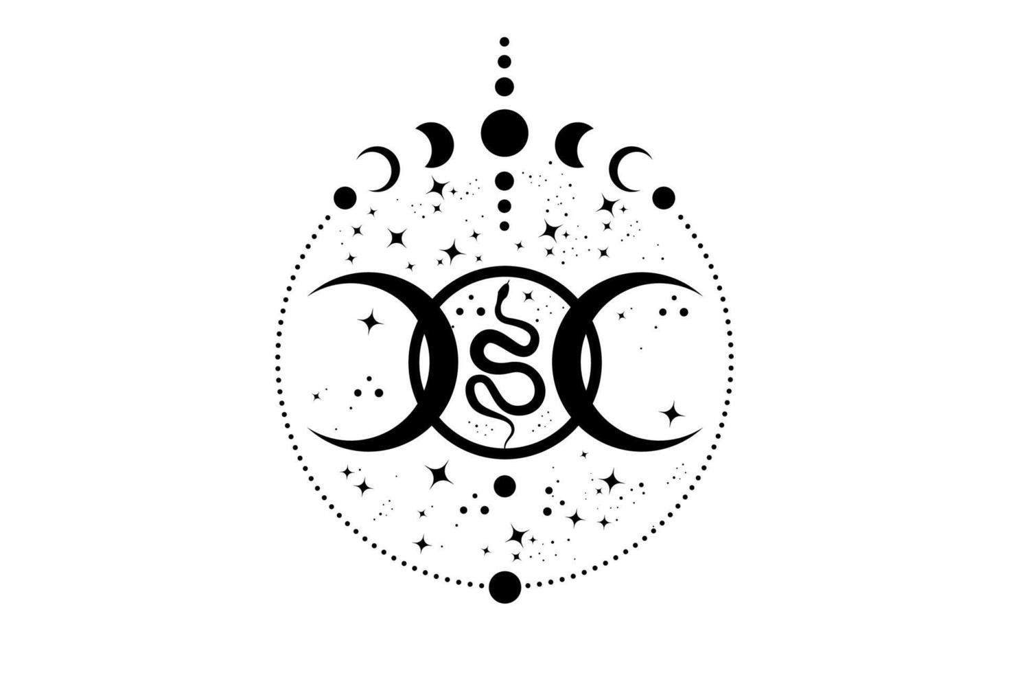 Magic mystic Triple Moon and Snake, Moon Phases. Sacred geometry, celestial pagan Wiccan goddess symbol. Cosmic scene wicca banner sign, energy circle, boho style, vector isolatedon white background