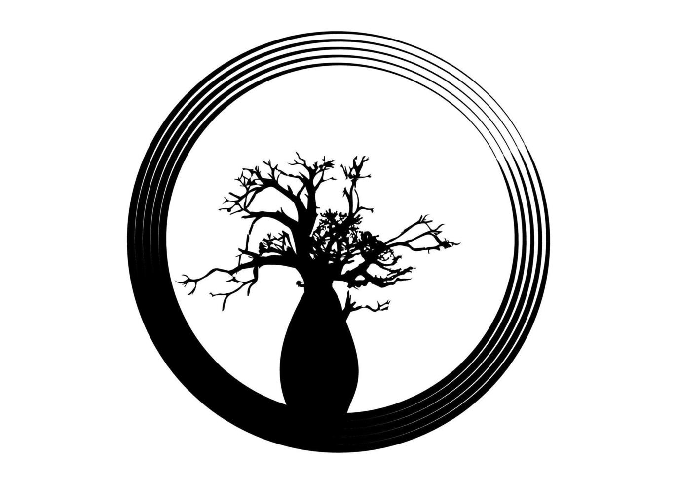Vector de árbol boab o baobab aislado, icono de concepto de logotipo de círculo de silueta de árbol, signo de ilustración aislado sobre fondo blanco