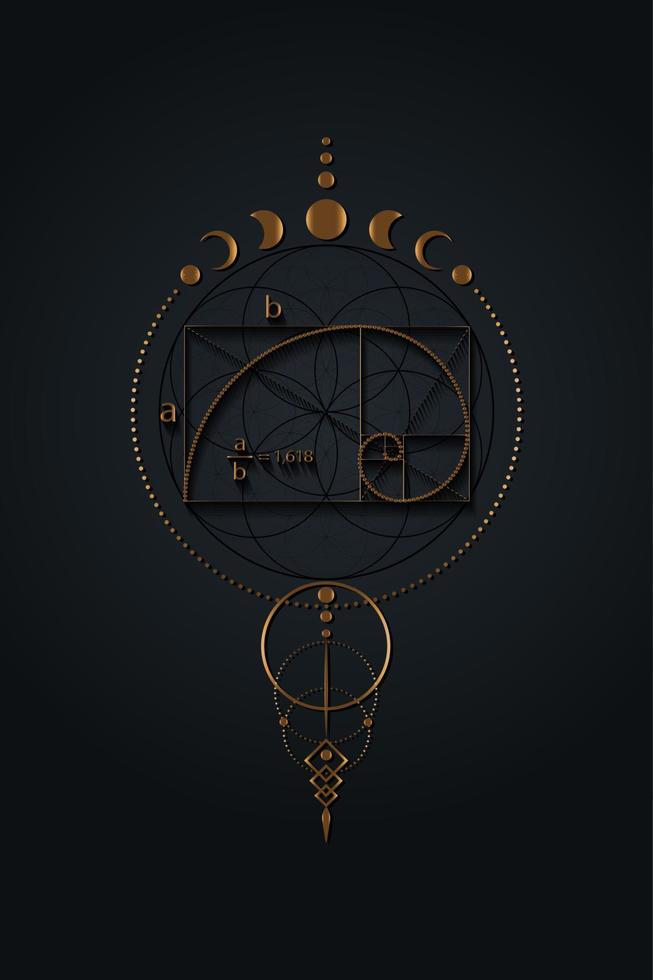 Golden ratio, Fibonacci Sequence number, mystical flower of life and Moon Phases, Sacred geometry. Gold divine proportion wicca banner, energy circles, boho style vector isolated on black background
