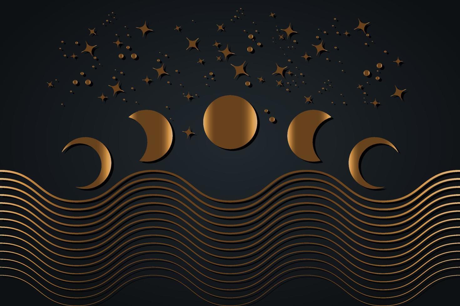 fases de la luna celeste, ondas geométricas, estrellas cielo. Fondo estético contemporáneo abstracto. Decoración de pared boho impresión de arte minimalista moderno. vector de concepto mágico de forma natural orgánica aislado en negro