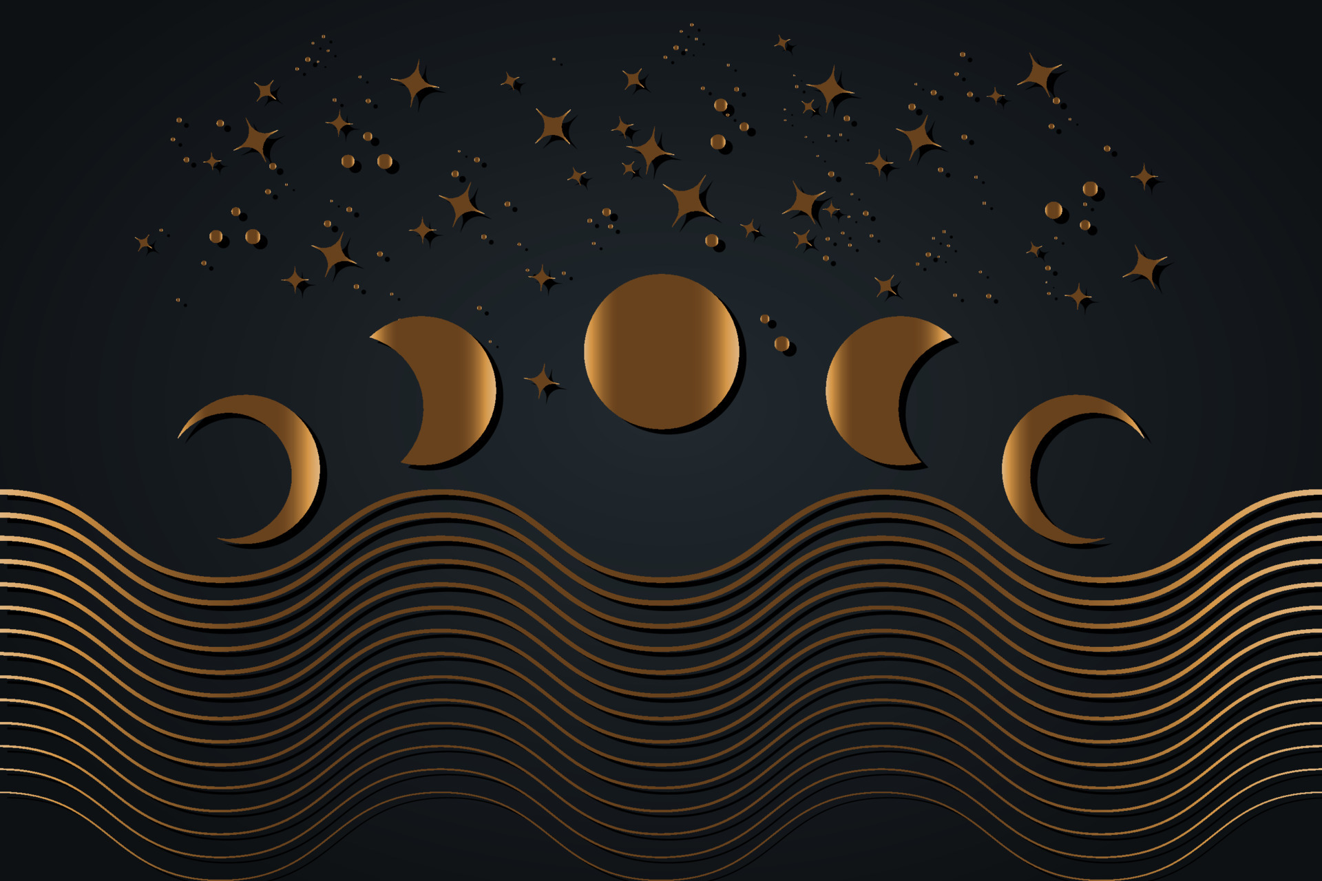 Celestial Moon phases, geometric waves, stars sky. Abstract