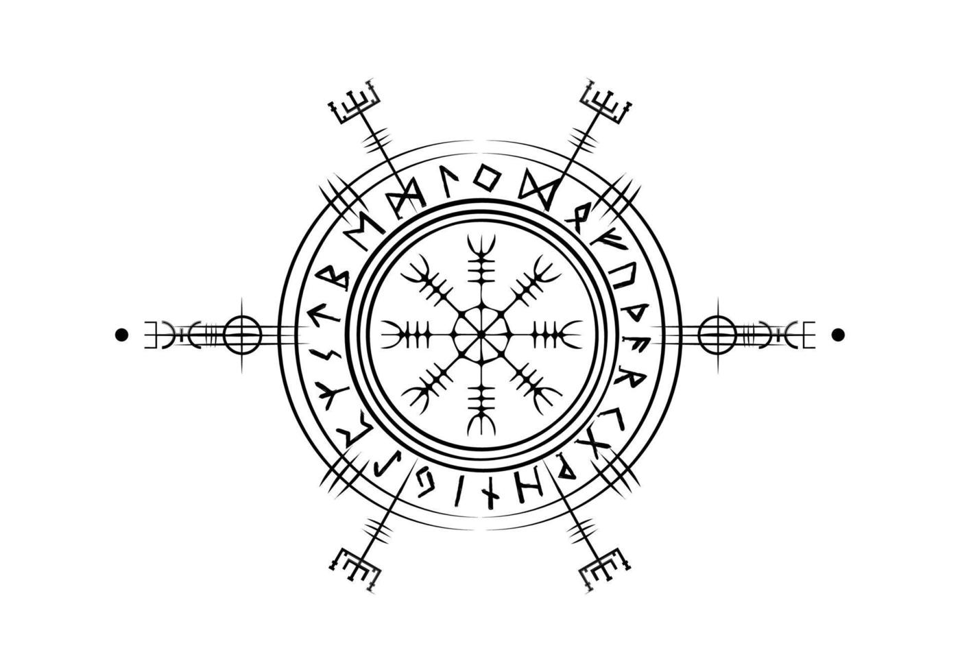 Viking Pagan Asatru Runic Compass, Vegvisir Rune Circle Viking Norse Mythology. Protective talisman for travelers. Magical Navigator Compass for the wandering. Vector isolated on white background