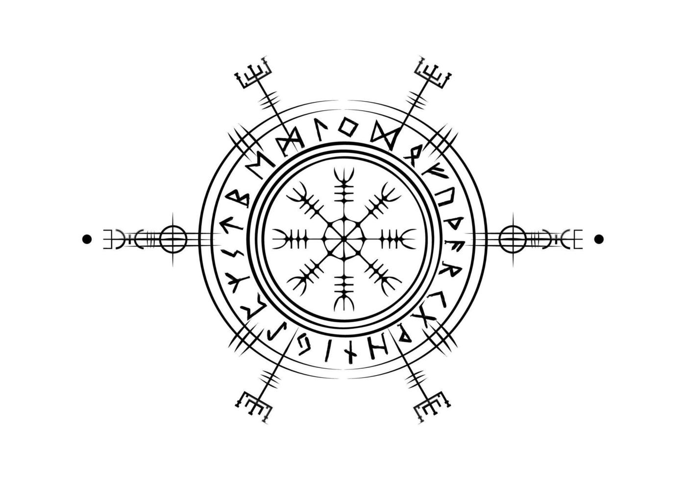 brújula rúnica vikinga asatru pagana, círculo rúnico vegvisir mitología nórdica vikinga. talismán protector para viajeros. brújula mágica del navegador para los vagabundos. vector aislado sobre fondo blanco