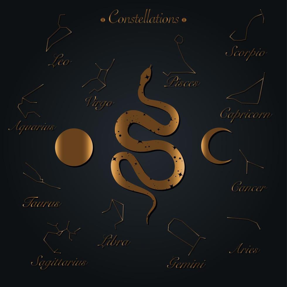 Impresión de arte abstracto moderno con serpiente y estrellas, luna, nombre de constelaciones. estilo boho. escena minimalista cósmica. elementos aislados en negro. imagen prediseñada en color dorado. concepto esotérico místico mágico vector