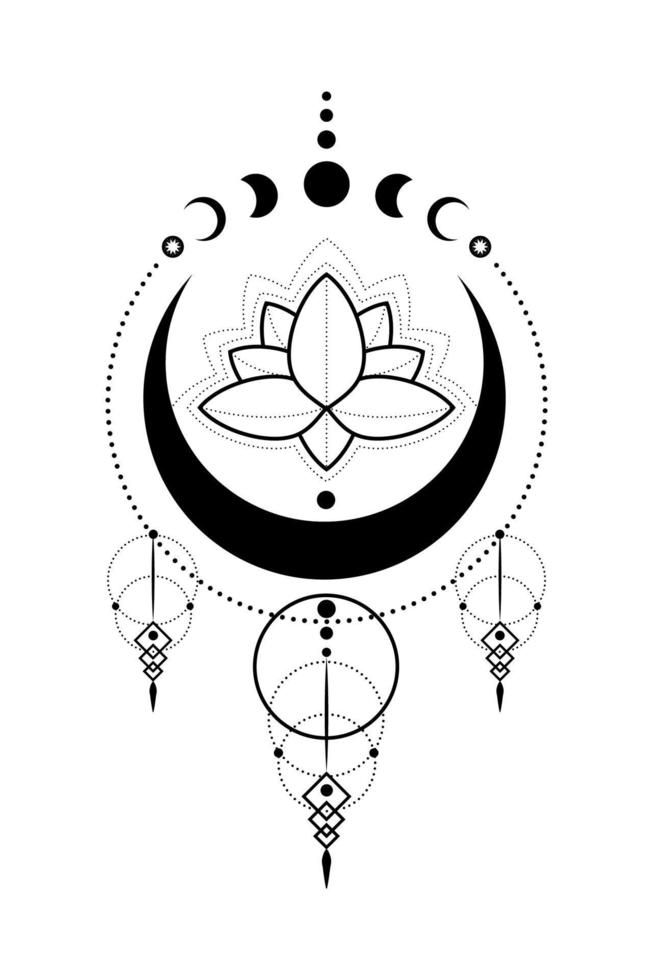 fases lunares místicas, flor de loto, geometría sagrada. triple luna, media luna símbolo de la diosa wicca pagana, signo de la bandera wicca de silueta, círculo de energía, vector de estilo boho aislado sobre fondo blanco