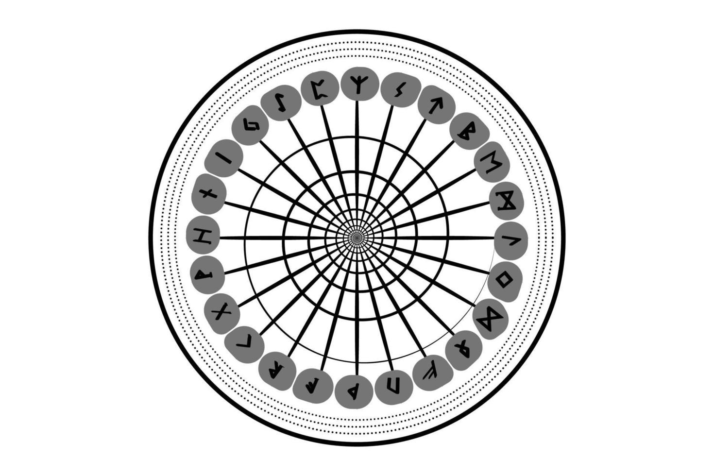 Set of old Norse runes circles. Runic wheel alphabet, Futhark. Ancient occult Viking characters letters, rune font. Sacred spiral compass Old Norse writing. Vector isolated on white background