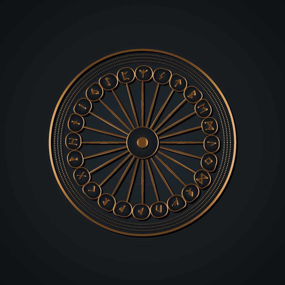 Set of old Norse runes circles. Gold Runic wheel alphabet, Futhark. Ancient occult Viking characters letters, rune font. Golden Sacred compass Old Norse writing. Vector isolated on black background