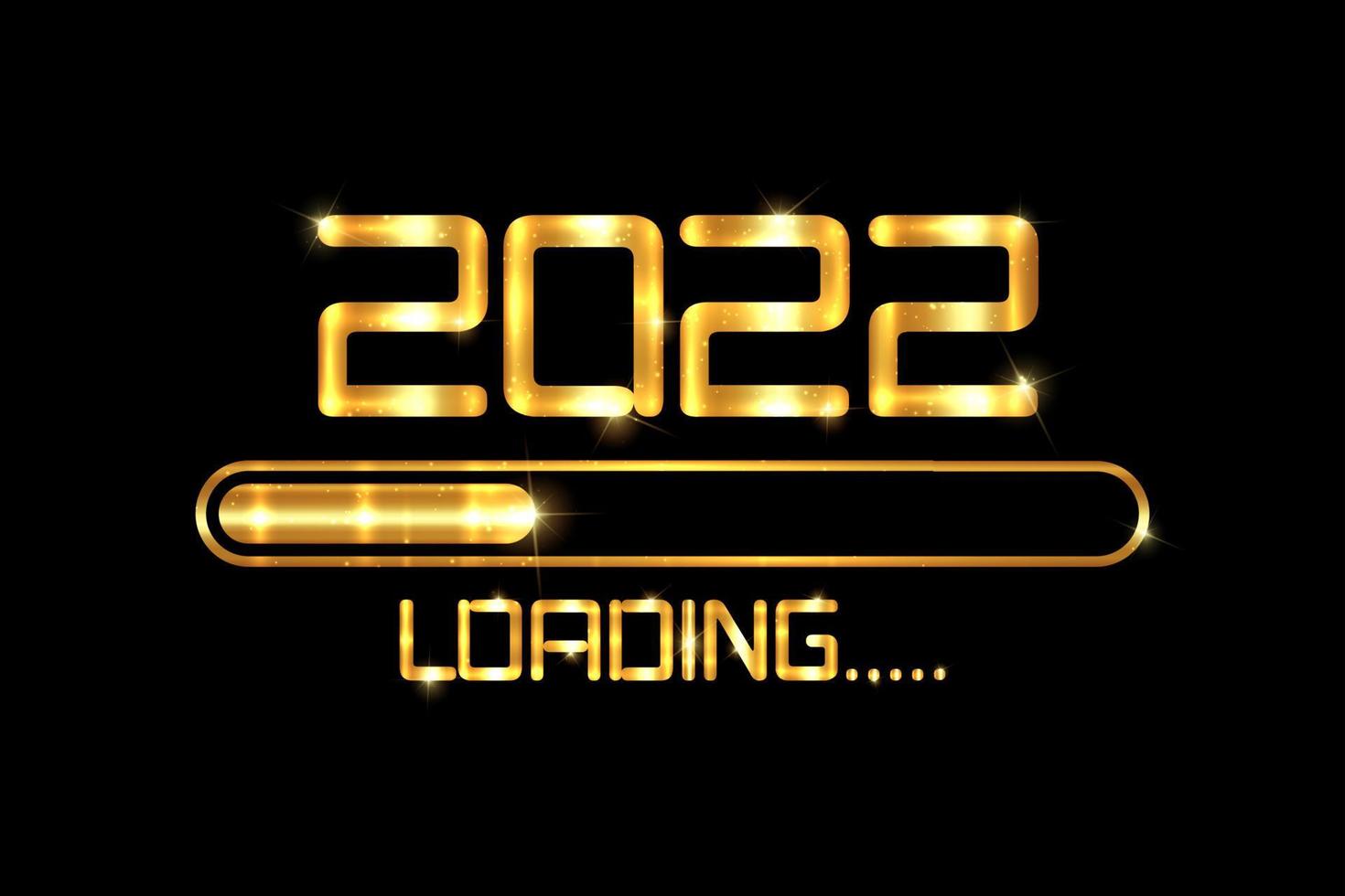 Gold Happy new year 2022 with loading icon golden fashion style. Progress bar almost reaching new year's eve. Luxury shiny metal vector illustration with 2022 loading. Isolated or black background