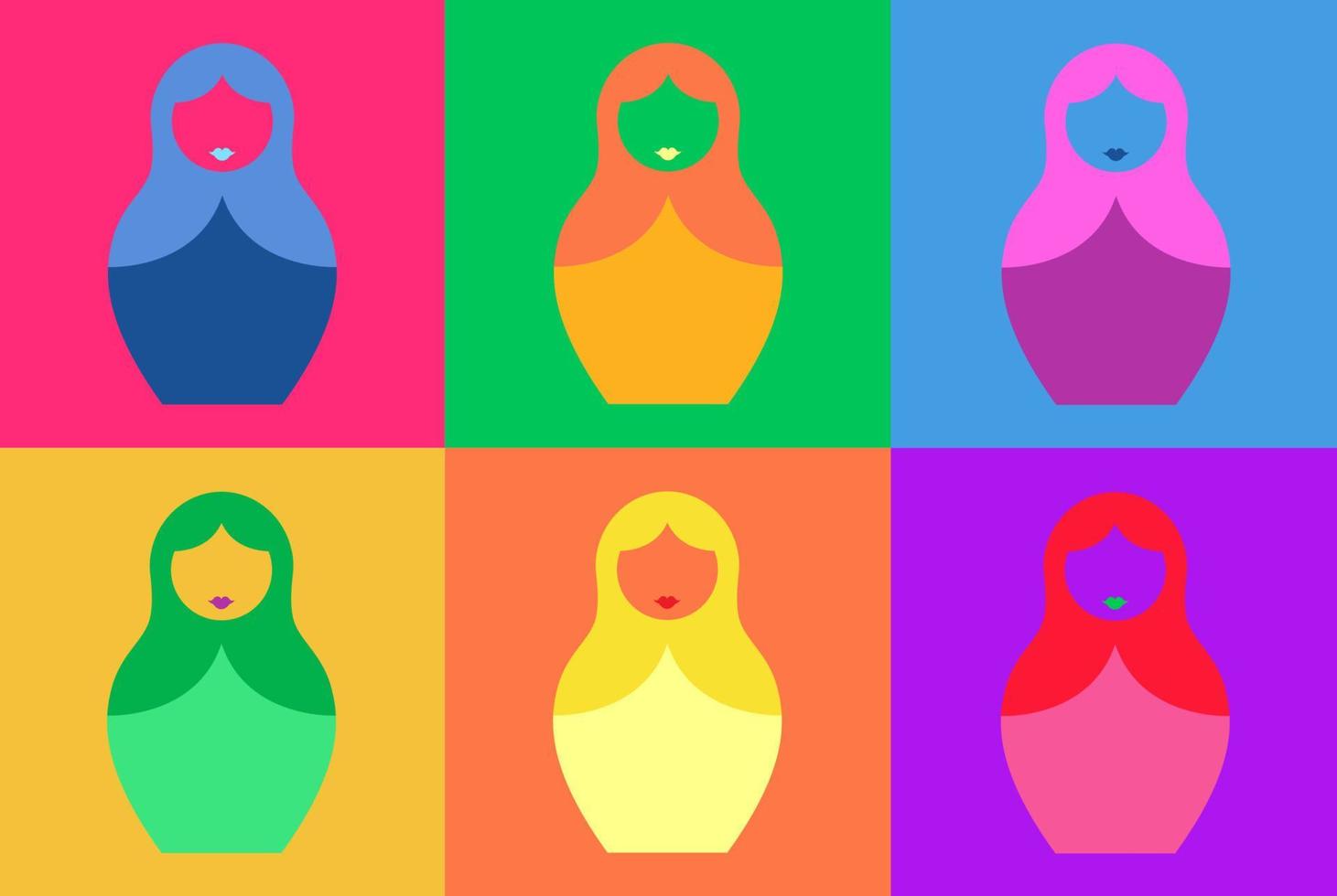 muñecas rusas de anidación matryoshka. estilo colorido del arte pop. Conjunto de muñecas babushka familiar con adornos de colores vibrantes modernos, ilustración vectorial aislado o fondo multicolor vector