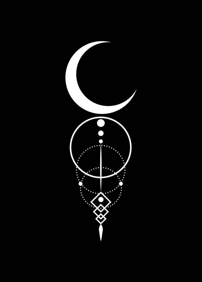 Mystical white Moon logo, half moon, Sacred geometry. Crescent moon pagan Wiccan goddess symbol, silhouette wicca banner sign, feminine energy circle, boho style vector isolated on black background