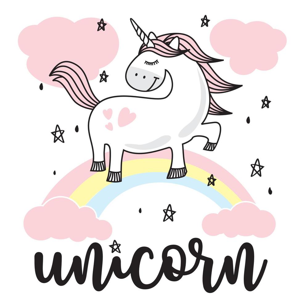 unicornio doodle rosa arcoiris vector