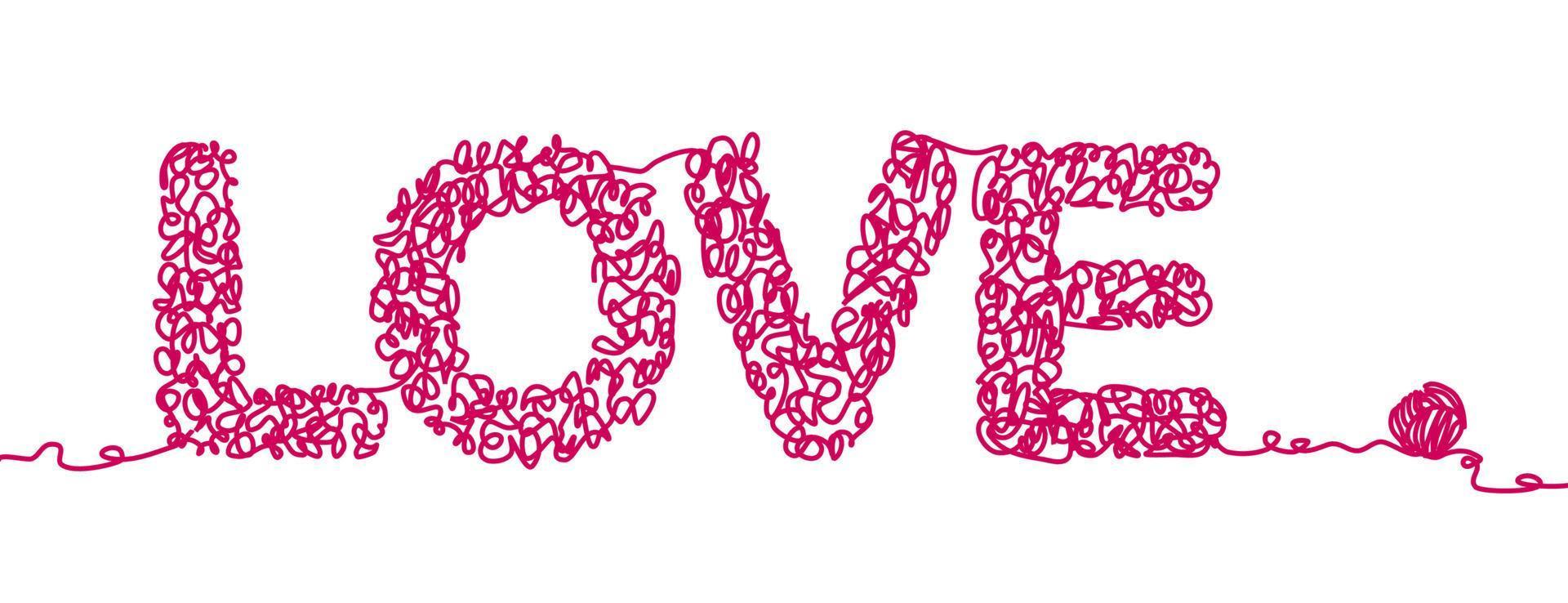 One line drawing style of a word LOVE that made from messy knitting yarn. It is isolated on white background. vector