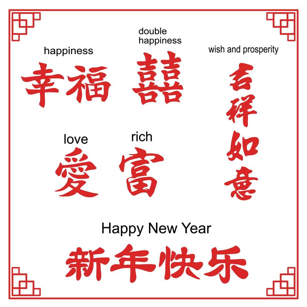 A set of Chinese words in brush stroke isolated on white background with English translation each word. vector