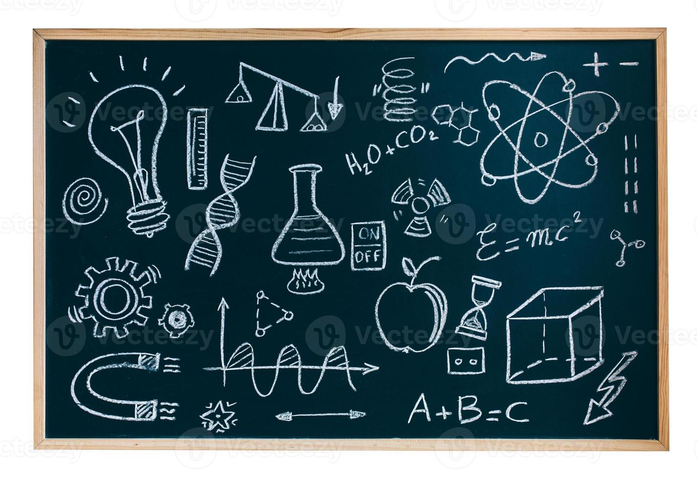 Isolated blackboard with drawings and symbols photo