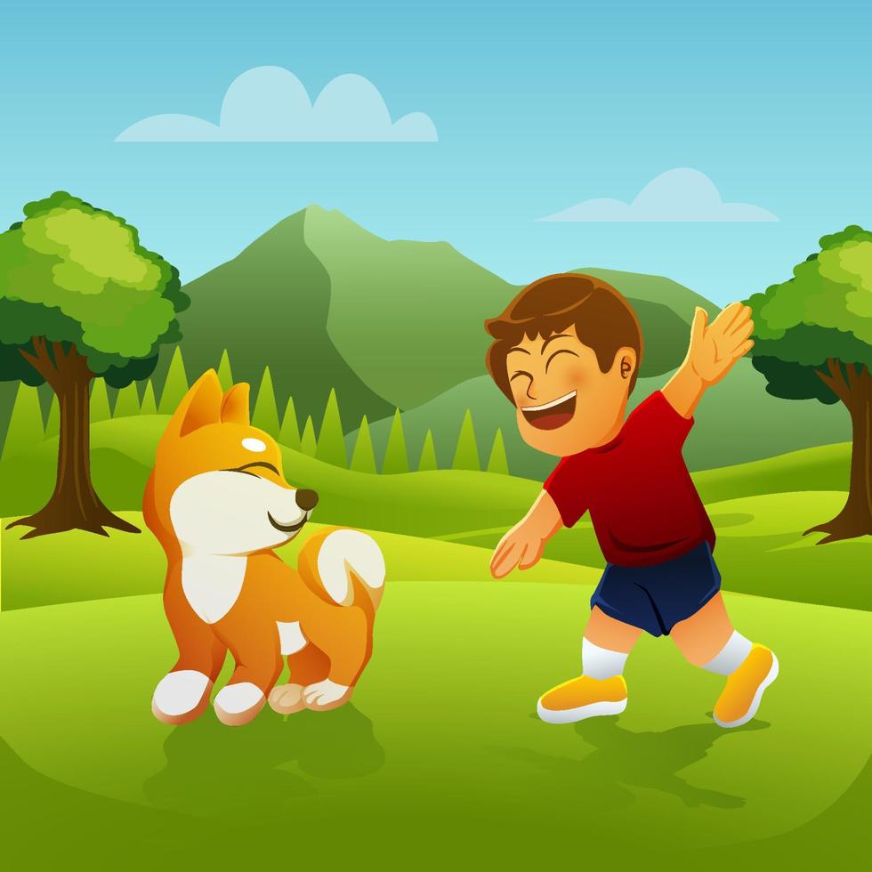 Boy Playing with His Dog in the Field vector