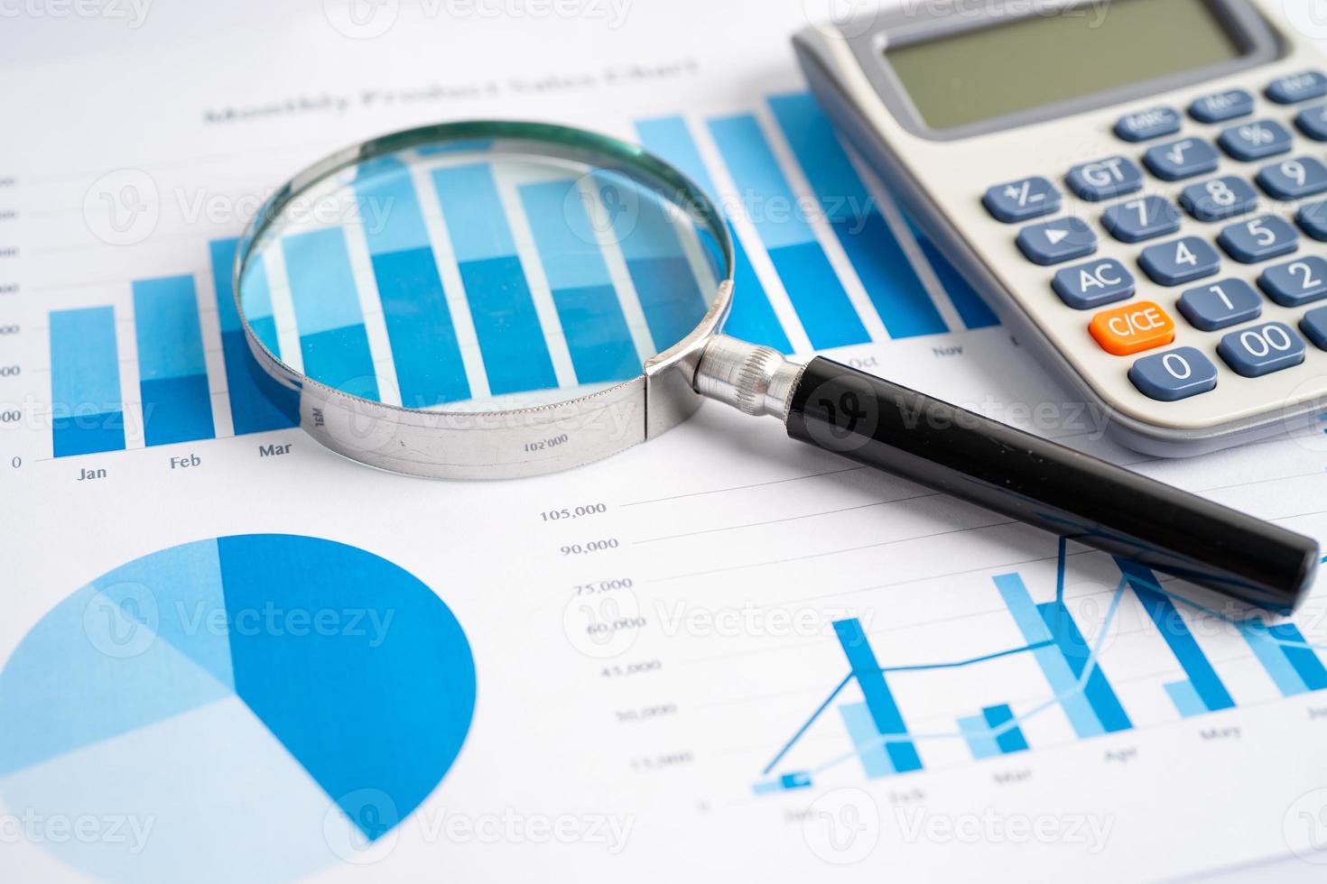 Magnifying glass and calculator on charts graphs paper. Financial development, Banking Account, Statistics, Investment Analytic research data economy, Stock exchange trading, Business office concept. photo