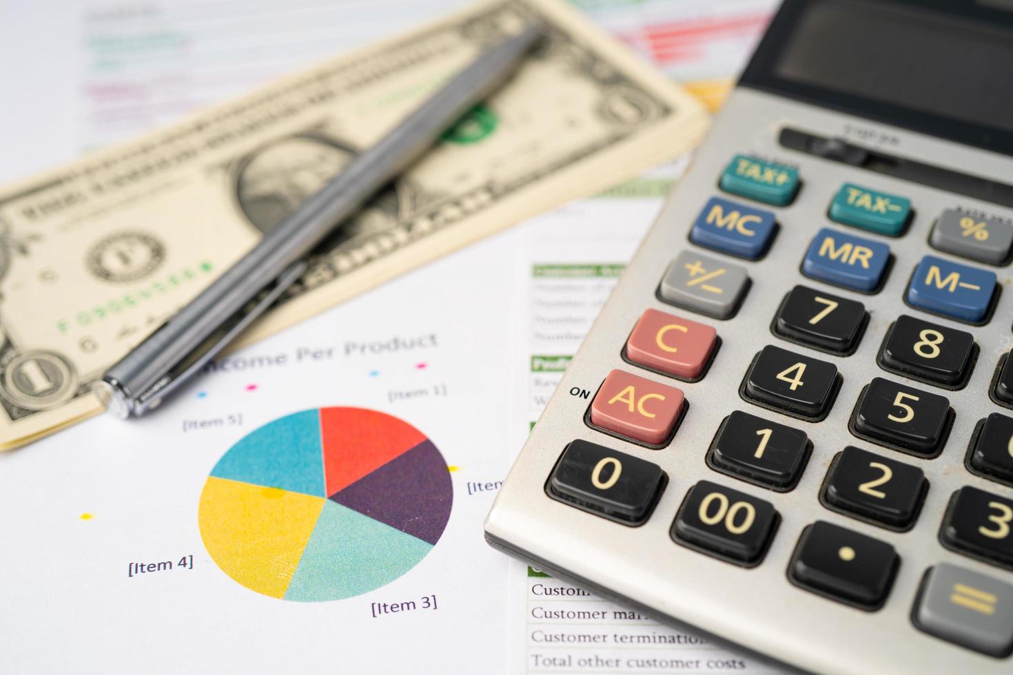 Calculator, US dollar banknotes and pen on charts and graphs paper. Finance, Account, Statistics, Analytic research data and Business company meeting concept photo