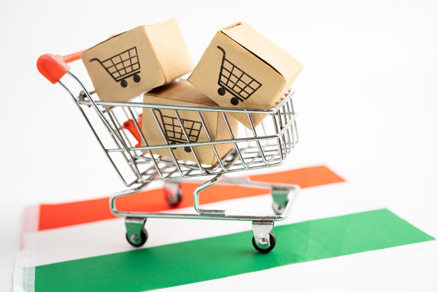 Box with shopping cart logo and Hungary  flag, Import Export Shopping online or eCommerce finance delivery service store product shipping, trade, supplier concept. photo