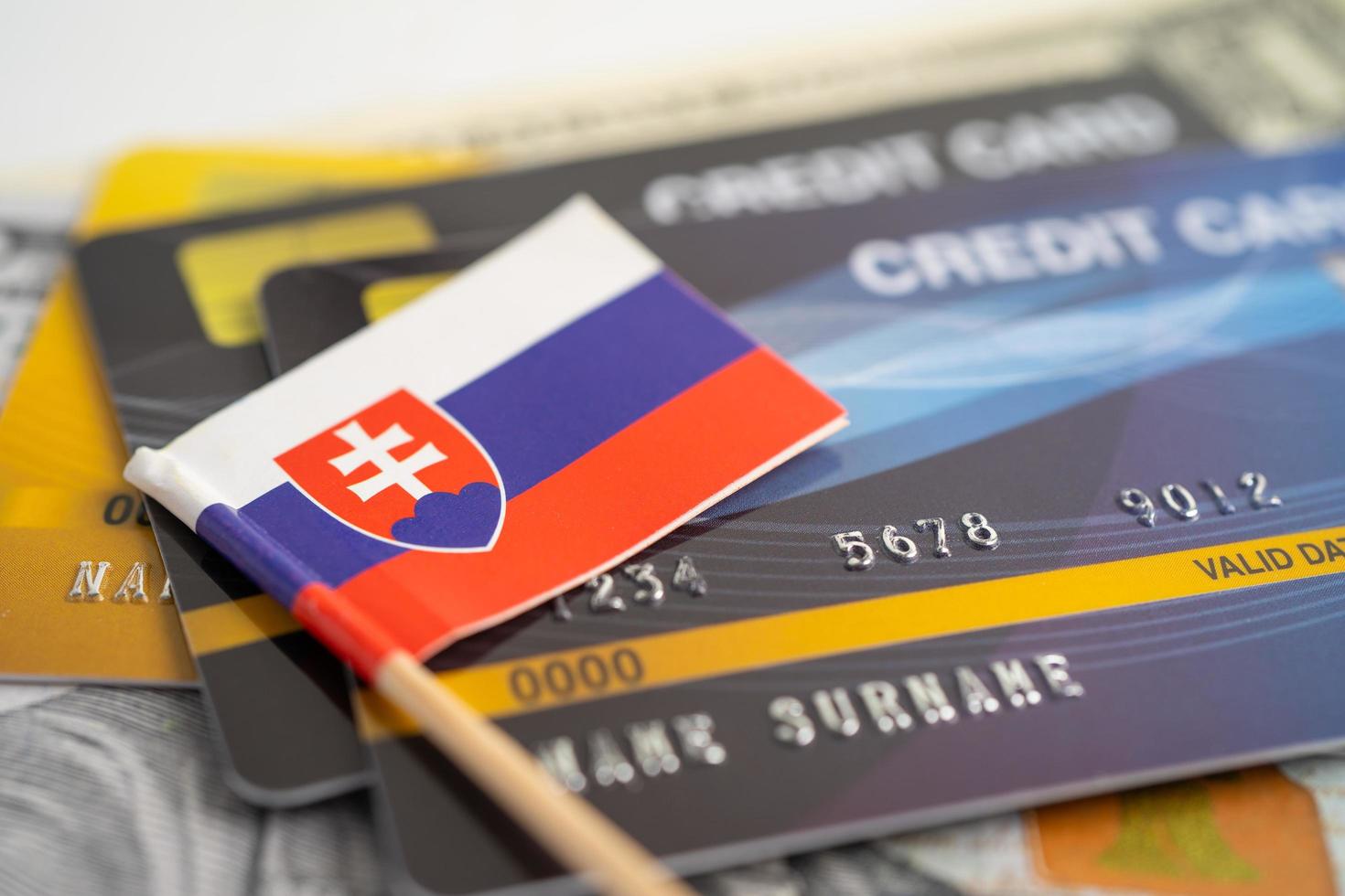 Slovakia flag on credit card. Finance development, Banking Account, Statistics, Investment Analytic research data economy, Stock exchange trading, Business company concept. photo