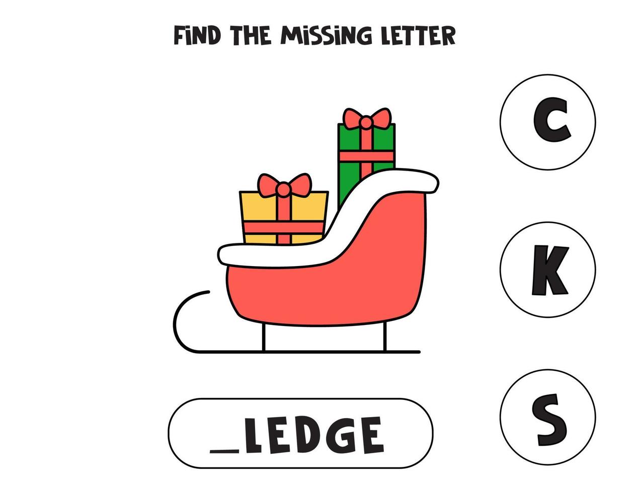 Find missing letter with cartoon sledge. Spelling worksheet. vector