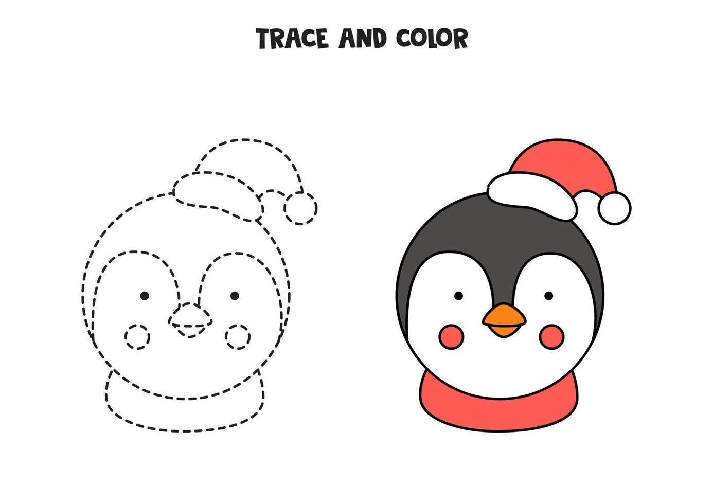 Trace and color cute penguin. Worksheet for kids. vector