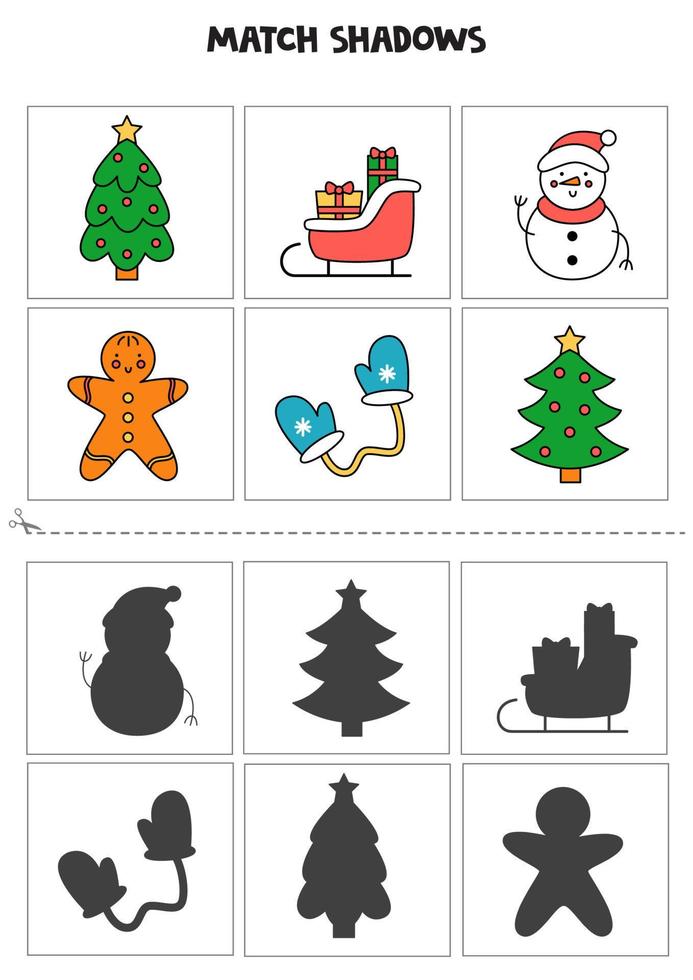 Find shadows of cute Christmas elements. Cards for kids. vector