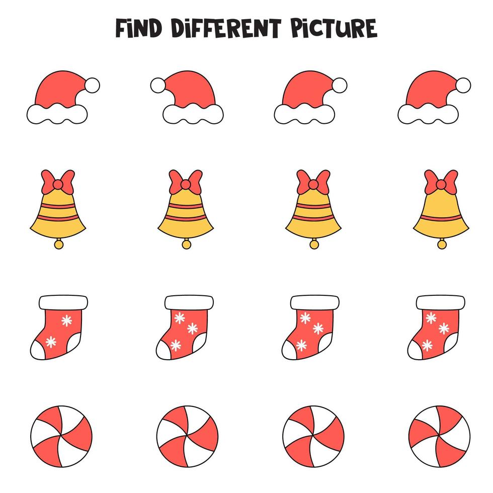 Find Christmas picture which is different from others. Worksheet for kids. vector