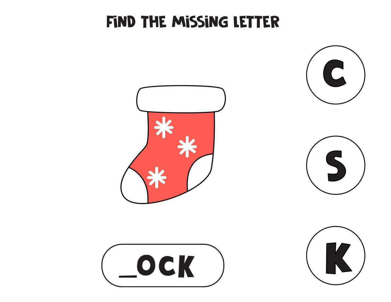 Find missing letter with cartoon sock. Spelling worksheet. vector