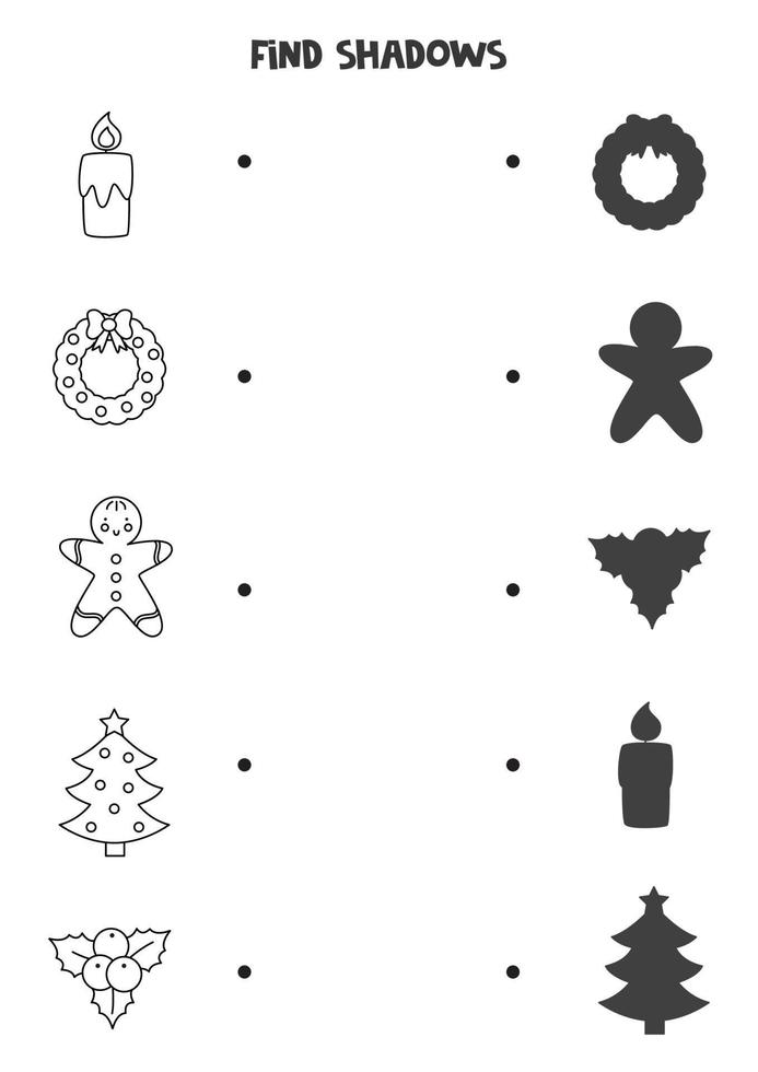 Find the correct shadows of Christmas elements. Logical puzzle for kids. vector