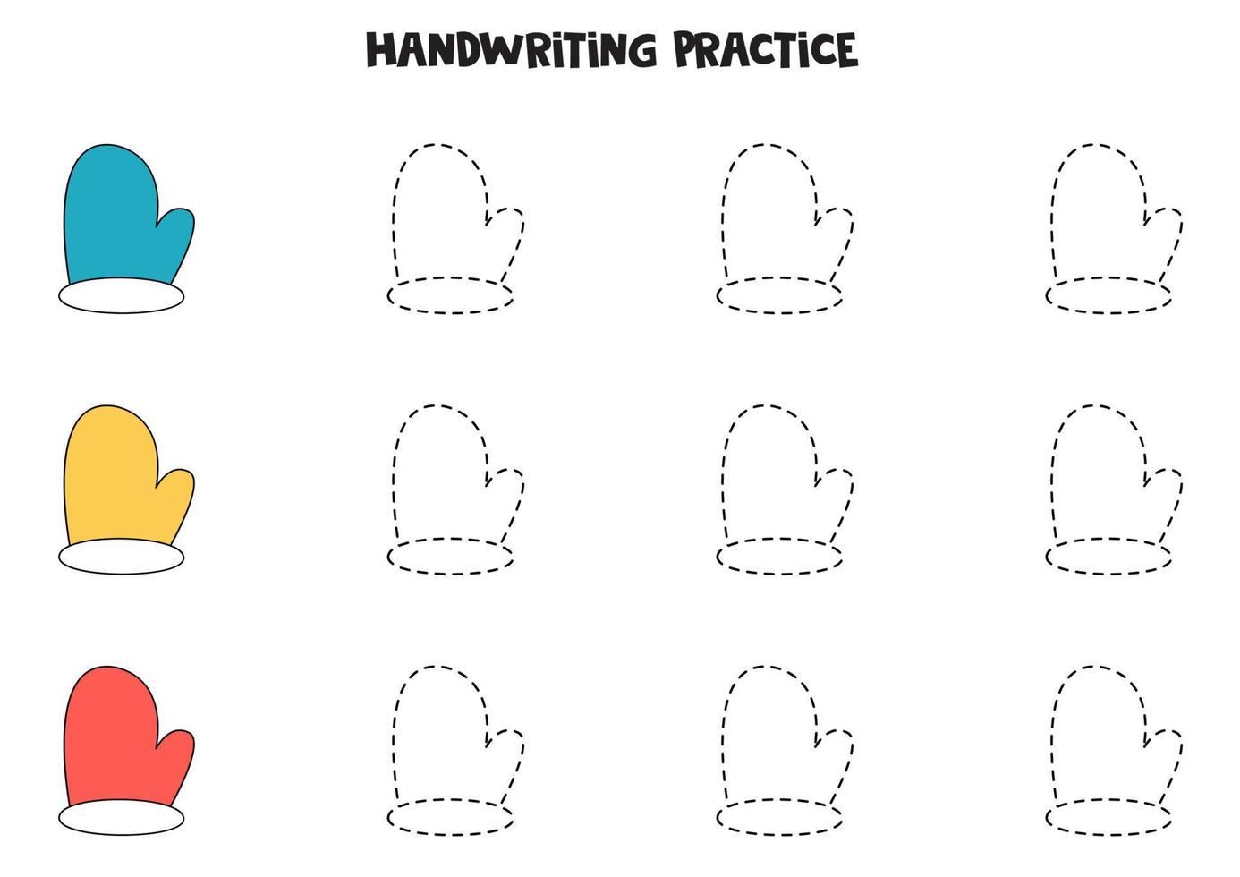 Tracing lines with colorful mittens. Writing practice. vector