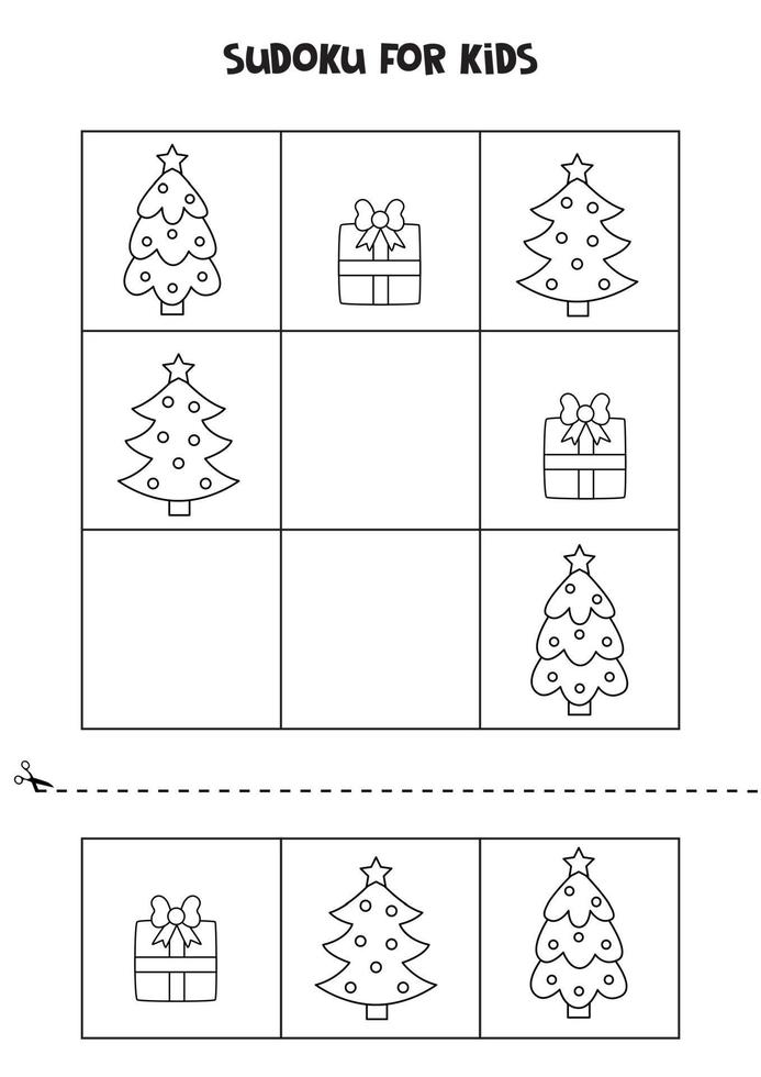 Sudoku game for kids with Christmas pictures. Black and white. vector