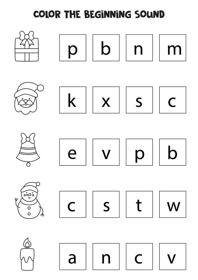 Learning English language for children. Color the beginning sound. vector