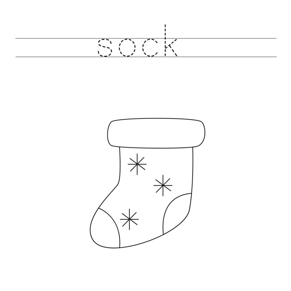 Trace the letters and color Christmas sock. Handwriting practice for kids. vector