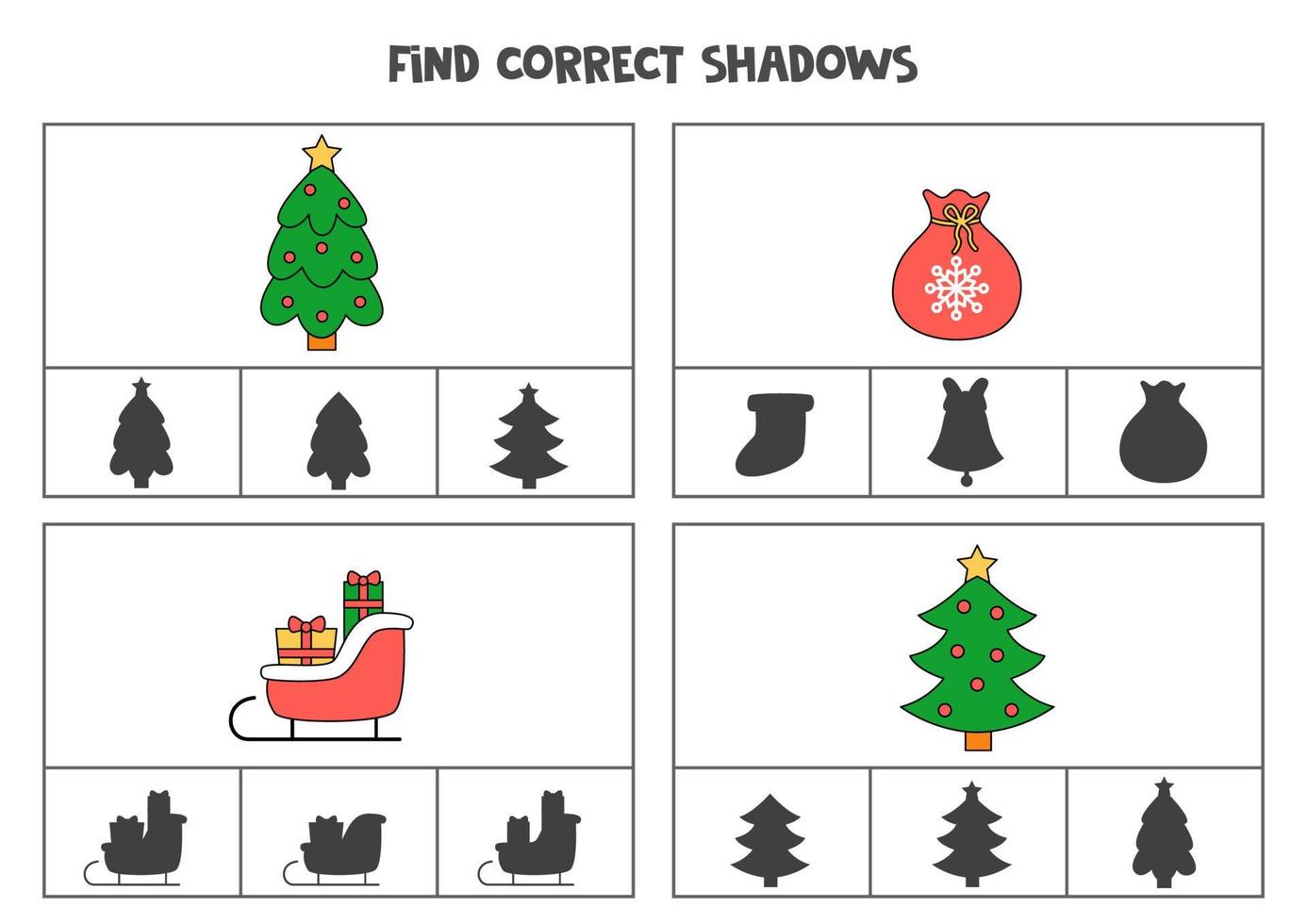 encuentra la sombra correcta de las imágenes navideñas. juegos de cartas con clip imprimibles para niños. vector