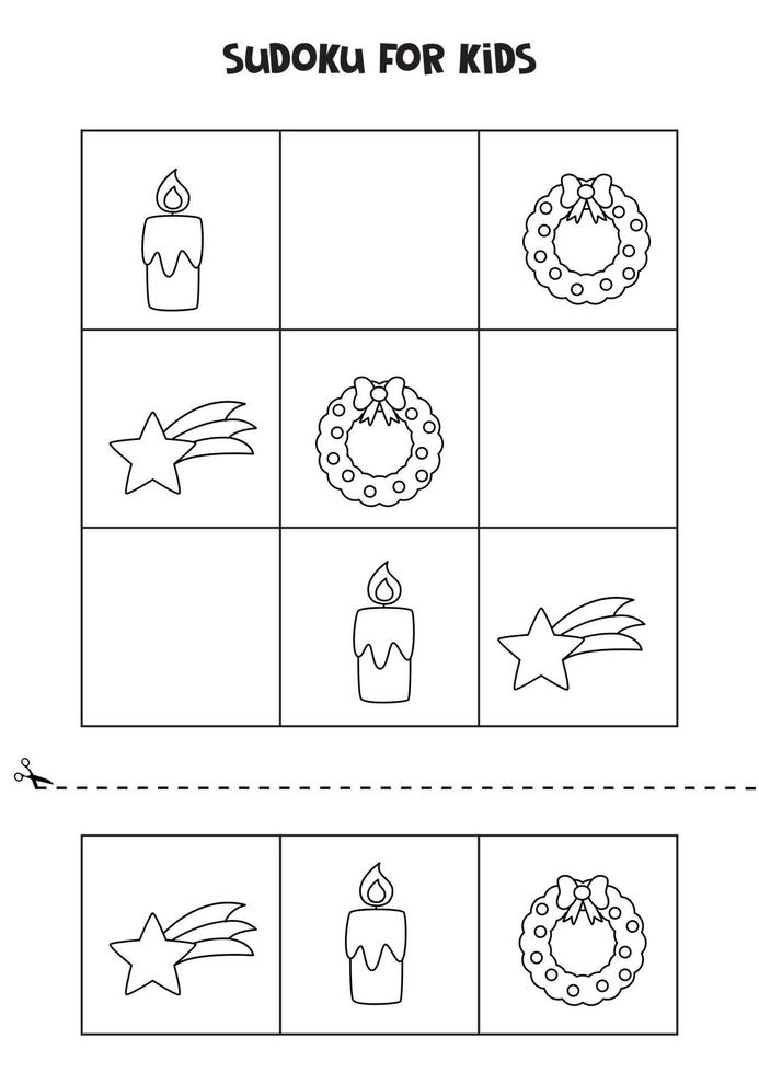 Sudoku game for kids with Christmas pictures. Black and white. vector