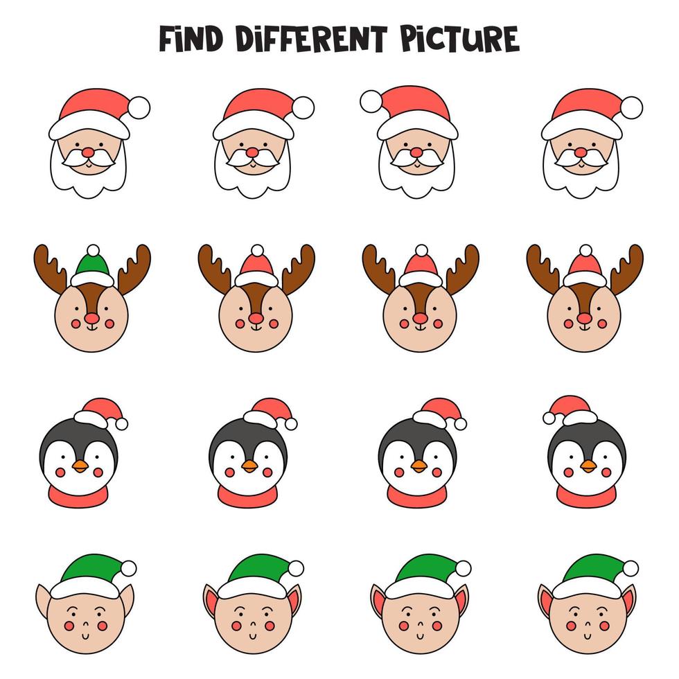 Find Christmas picture which is different from others. Worksheet for kids. vector