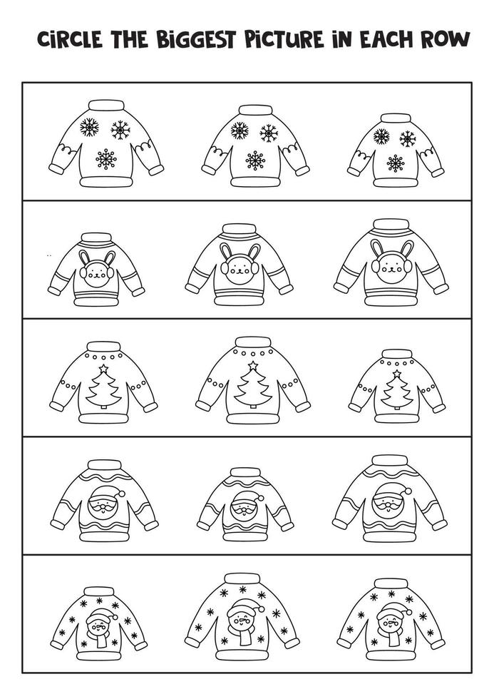 Find the biggest Christmas sweater in each row. vector